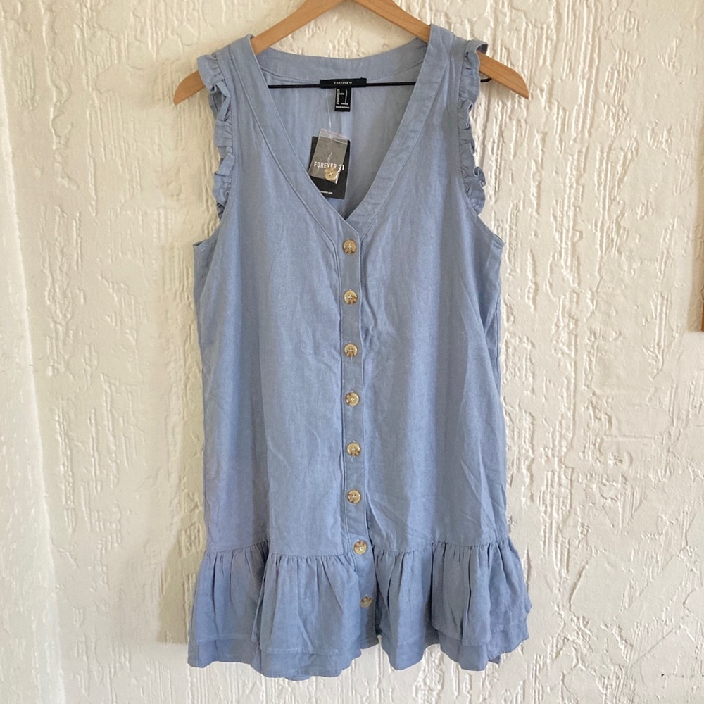 Forever 21 Linen Blend Blue Chambray Sleeveless Button Down Dress Size Large
